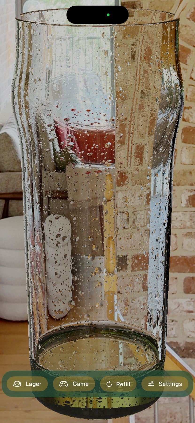 An emptied glass, showing a living room with a sofa and a brick wall refracted through it