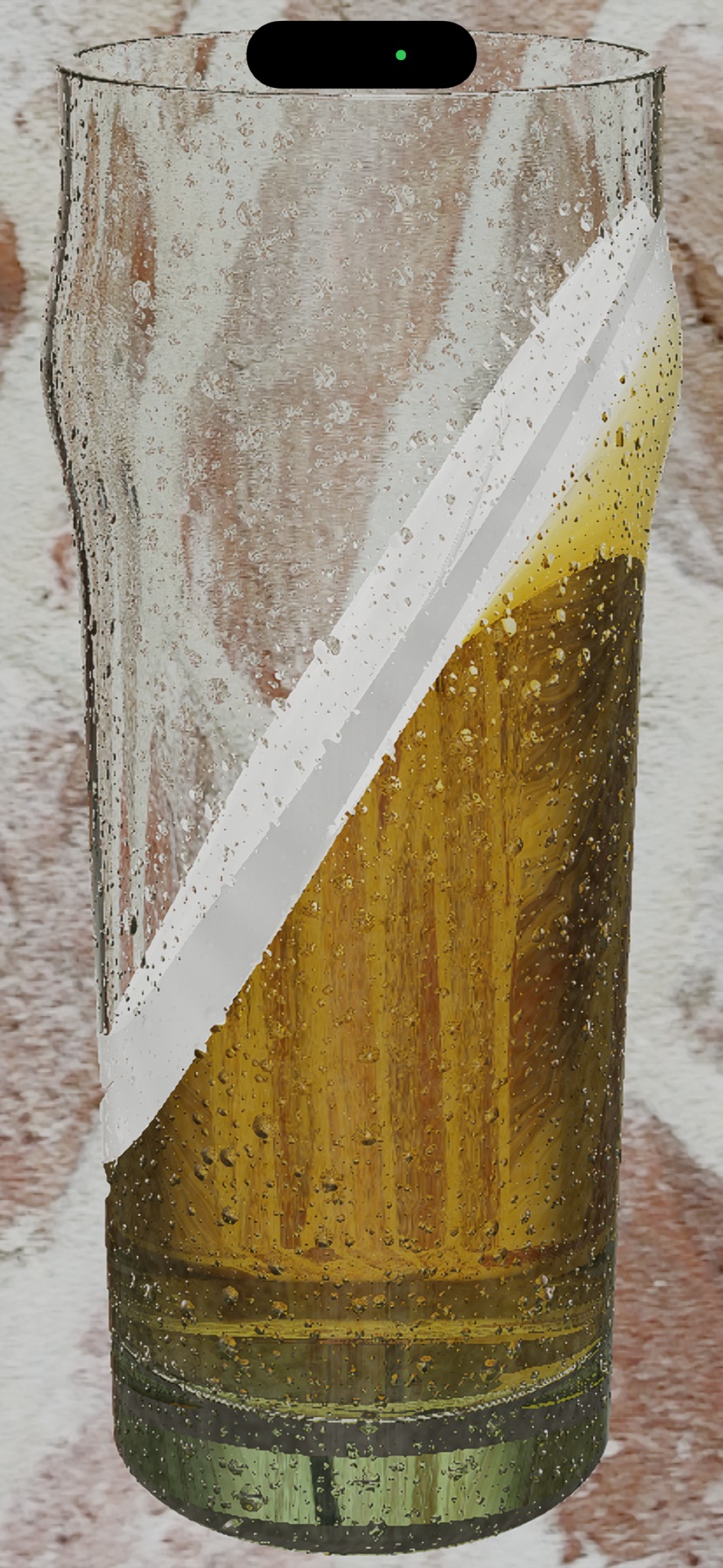 A lager glass tilted further, the liquid surface closer to the rim
