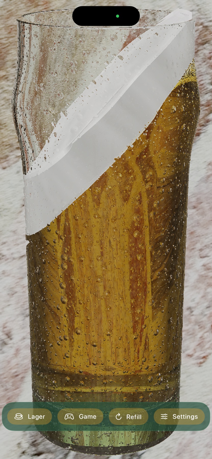 A lager glass tilted at a drinking angle, the liquid surface sitting at a diagonal