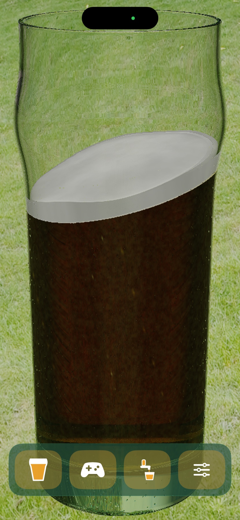 Plný půllitr stoutu, téměř černého se světlou pěnou, na trávě