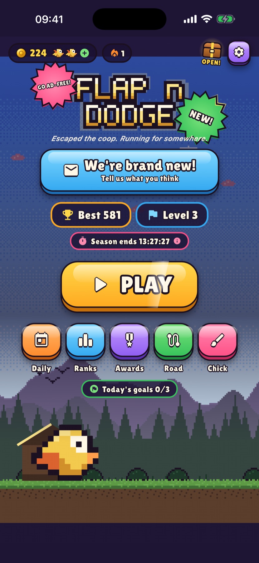 The Flap n Dodge title screen: the chicken outside its coop, a big Play button, best score, level, and the Season countdown