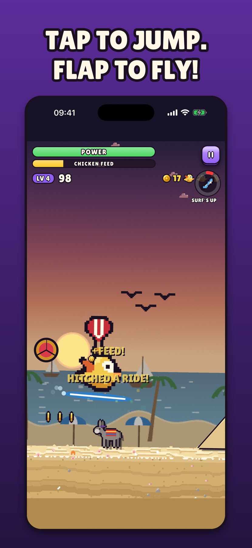 Nivå 4 på en strand i solnedgången: kycklingen liftar med en ballong över havet medan en Surf!-power-up tickar ner. Bildtext: Tryck för att hoppa. Flaxa för att flyga!
