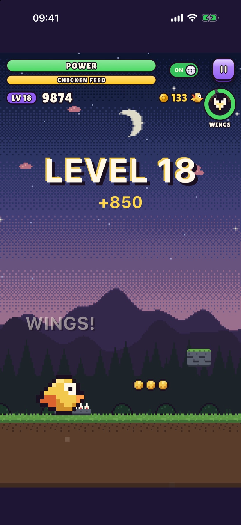 Gameplay at dusk with a LEVEL 18 banner, the POWER and CHICKEN FEED bars, and the Wings power-up ring
