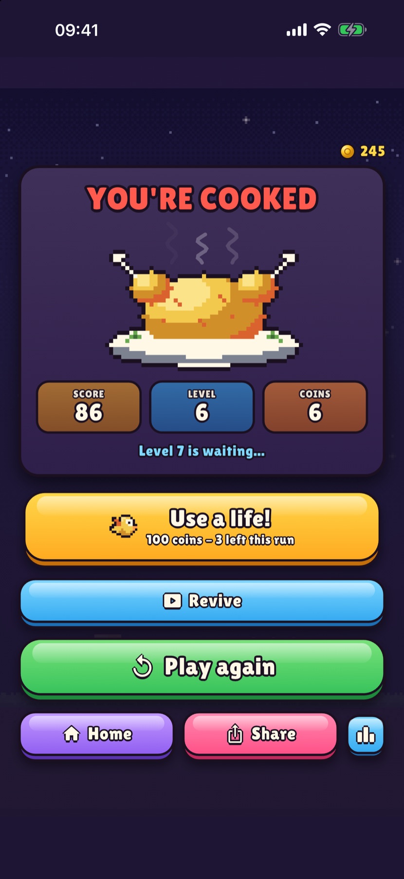 The You're cooked results screen showing a pixel roast chicken, the score, level and coins, and buttons to use a life or play again