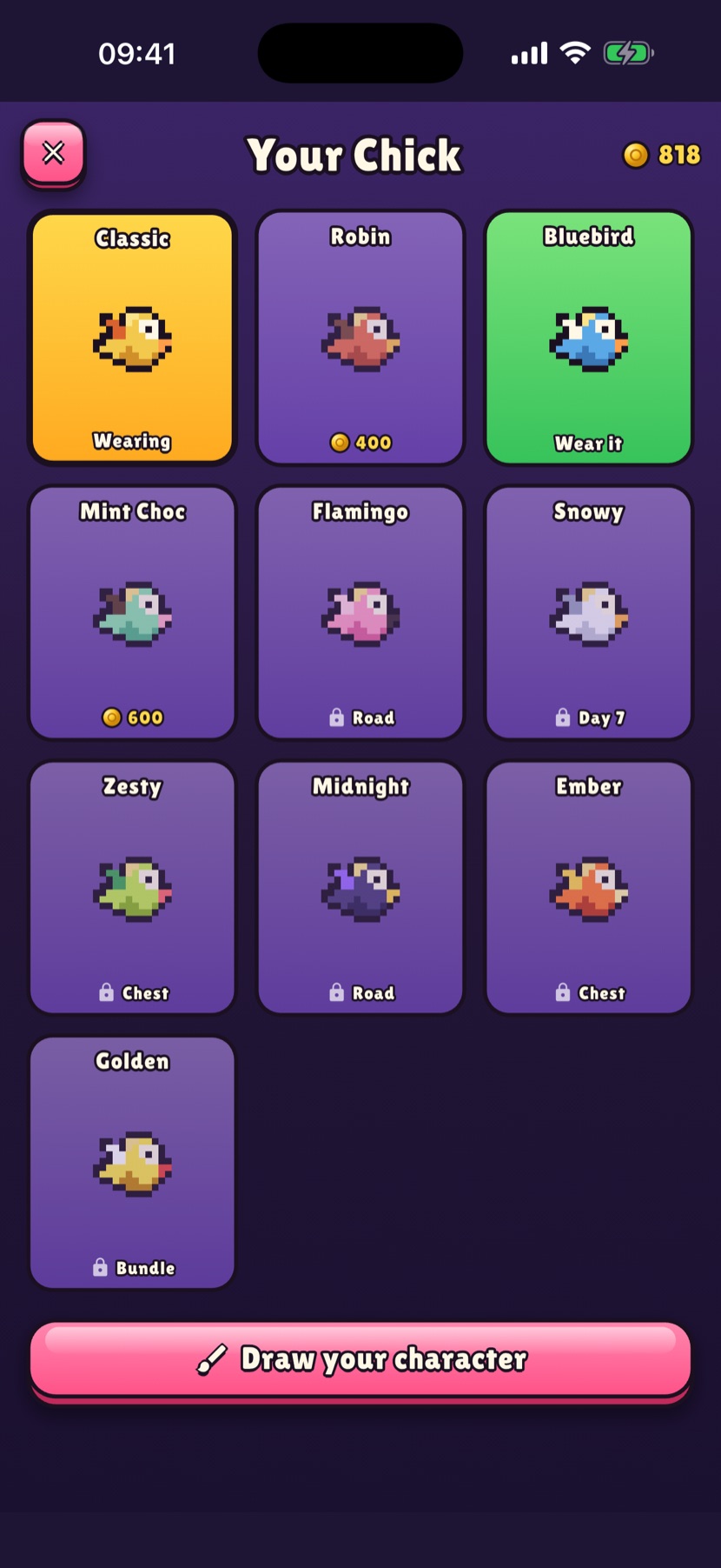 The Your Chick wardrobe, a grid of chicken skins with a Draw your character button