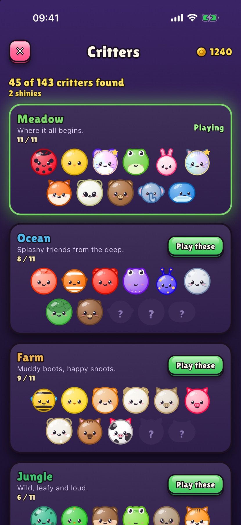 The Critters collection screen listing sets such as Meadow, Ocean, Farm and Jungle, with the critters found in each