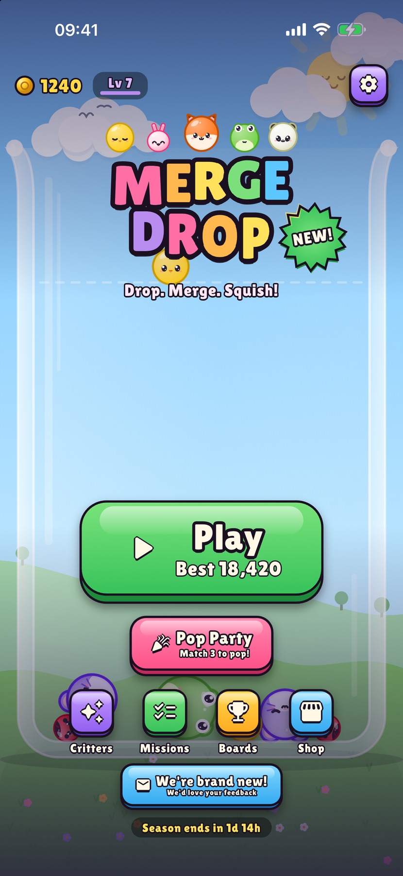 The Merge Drop title screen with a big Play button, Pop Party, and Critters, Missions, Boards and Shop buttons