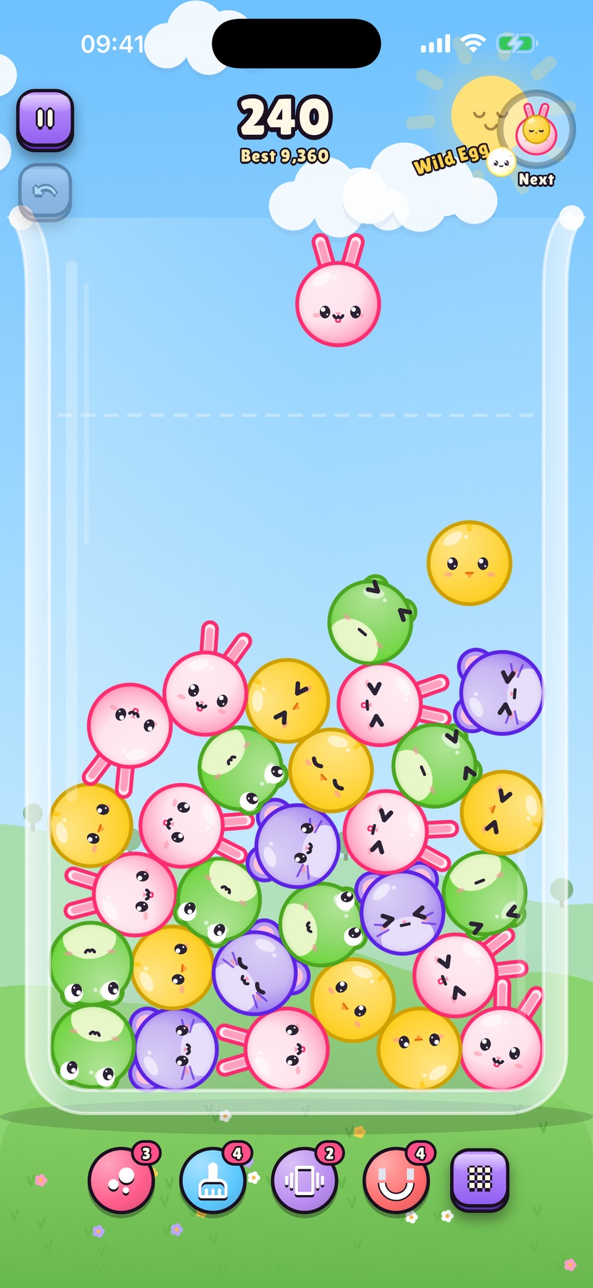 Pop Party mode: a jar packed with pink, green, yellow and purple critters, with a bunny about to drop