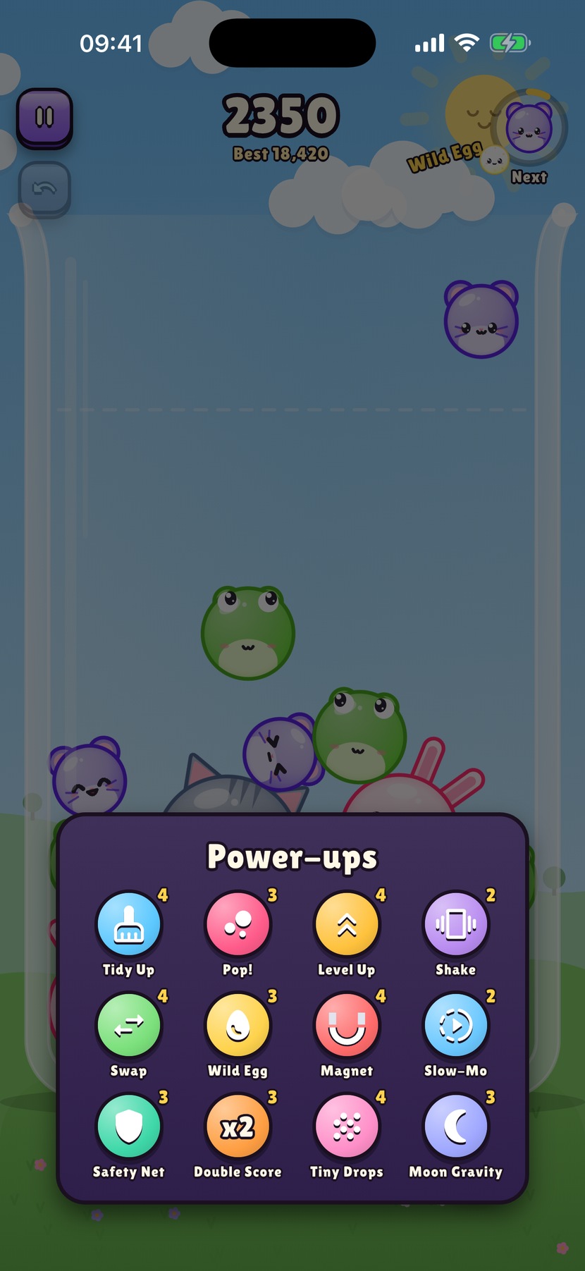The Power-ups tray, a grid of twelve power-ups including Tidy Up, Pop!, Level Up, Shake, Swap, Magnet and Moon Gravity