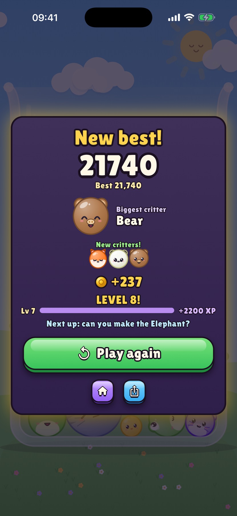 The New best results screen showing the score, the biggest critter, newly found critters, coins earned and level progress