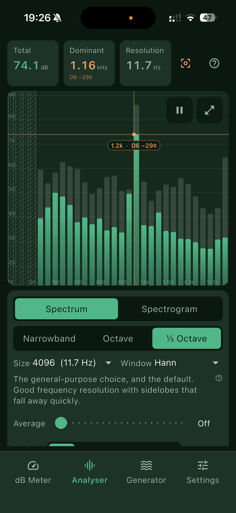 The analyser in third-octave mode, with bars per band and the lowest bands hatched rather than drawn as bars