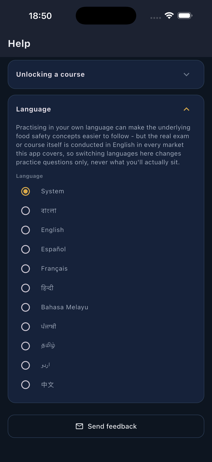 Der Abschnitt Sprache im Hilfebildschirm der App, der erklärt, dass die echte Prüfung auf Englisch bleibt, mit einer Auswahl aus System, Bengalisch, Englisch, Spanisch, Französisch, Hindi, Malaiisch, Punjabi, Tamil, Urdu und Chinesisch