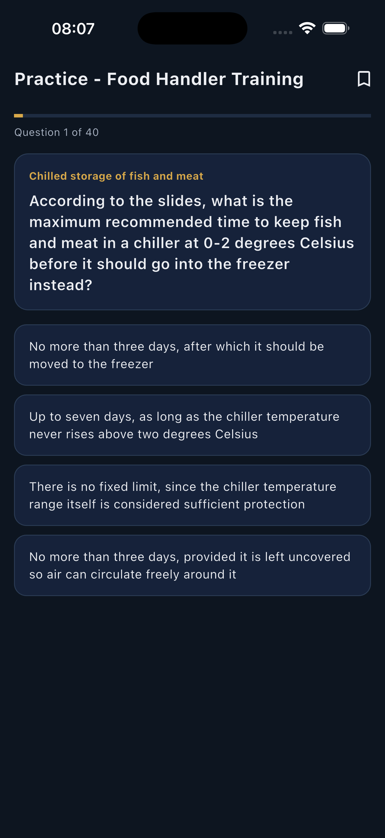 Practice mode showing a Malaysia Food Handler Training question about chilled storage of fish and meat, with four multiple-choice answers, a topic label above the question, and a progress bar showing question 1 of 40
