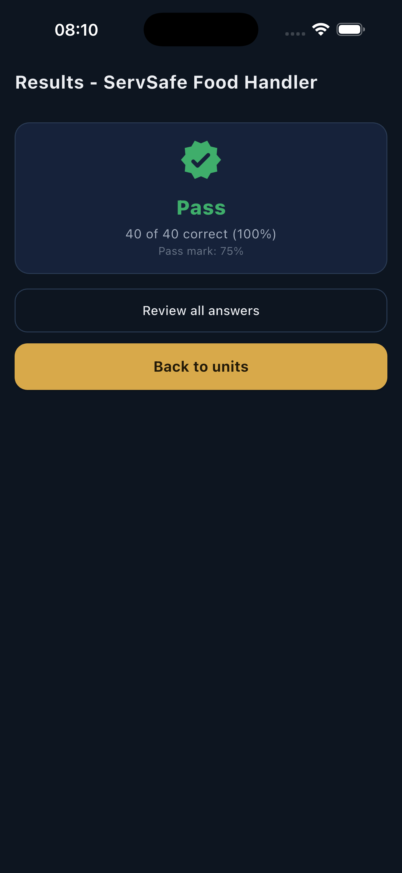 A results screen reading Pass, 40 of 40 correct, 100 percent, pass mark 75 percent, with Review all answers and Back to units buttons