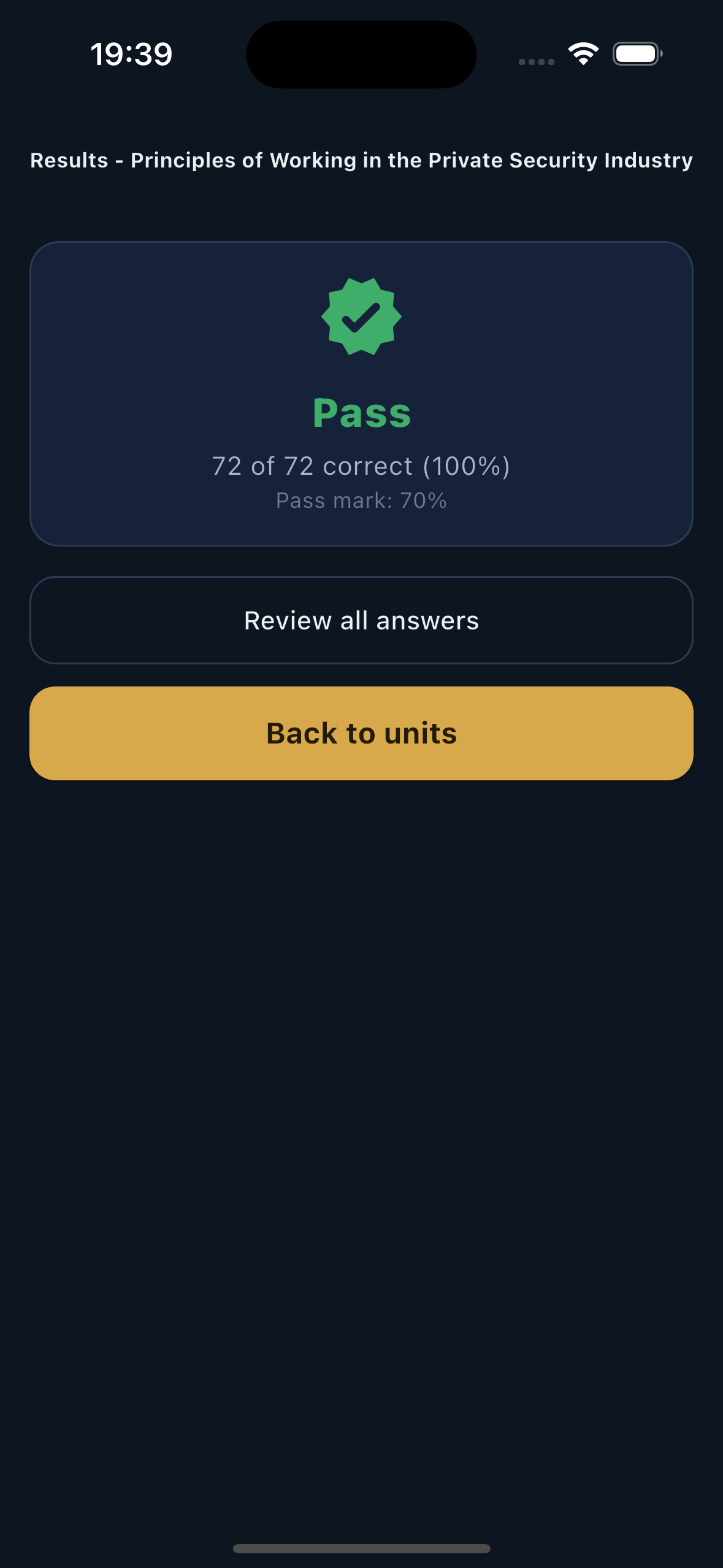 A results screen reading Pass, 72 of 72 correct, 100 percent, pass mark 70 percent, with Review all answers and Back to units buttons