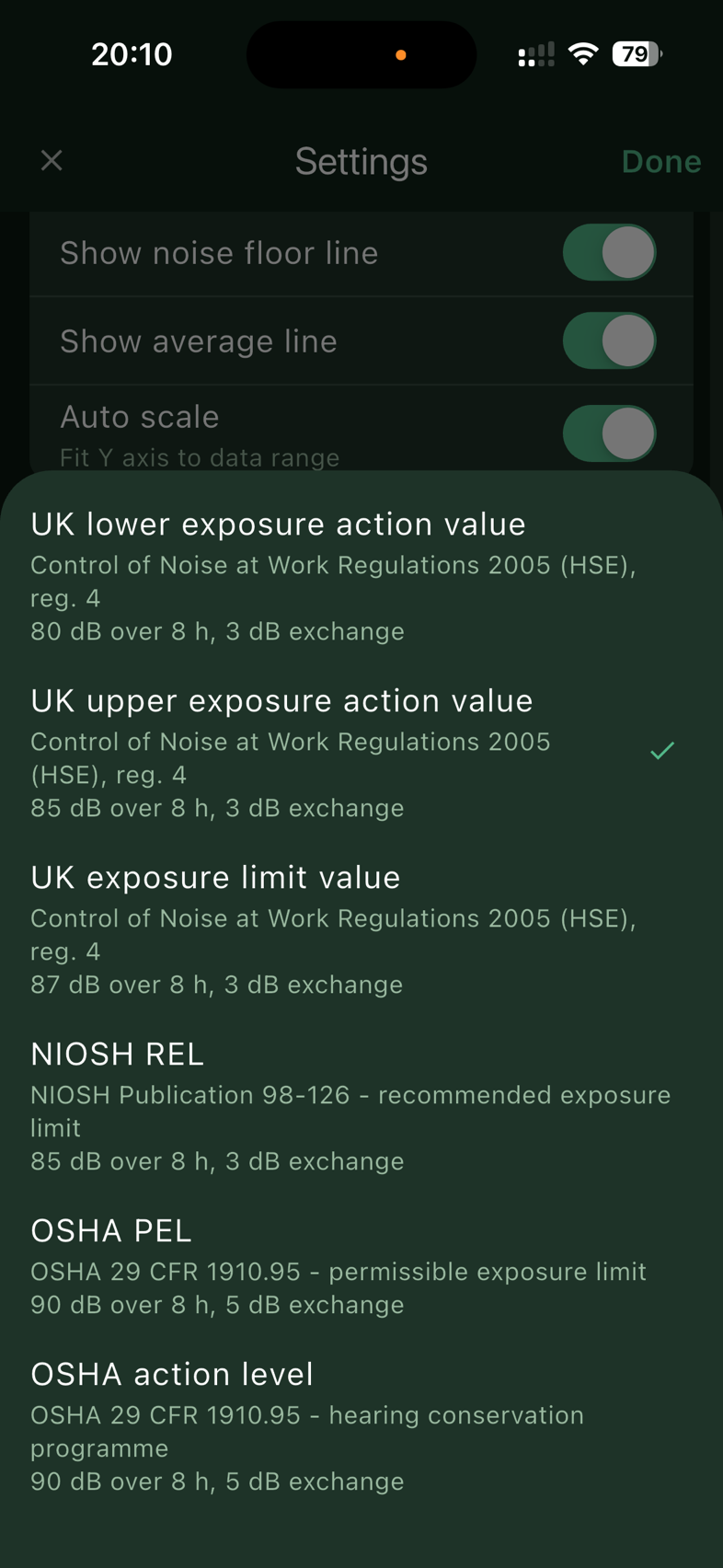 The exposure standard picker listing the UK lower and upper exposure action values, the UK exposure limit value, NIOSH REL, OSHA PEL and the OSHA action level, each with its source document and figures